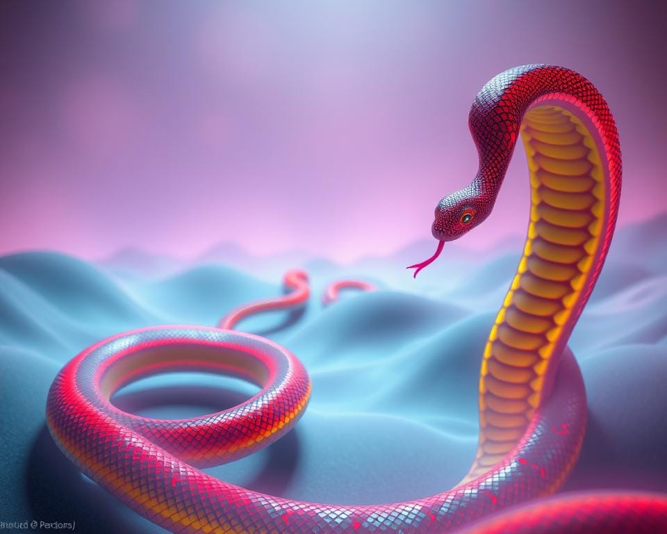 Best 10 Snake Games on Google: A Nostalgic and Fun Experience 8 A surreal, mesmerizing scene of a hypnotically winding snake game that captivates the player. In the foreground, the snake twists and turns, its vibrant scales shimmering under soft, ambient lighting. The snake's movements are fluid and graceful, drawing the viewer into the addictive gameplay. In the middle ground, the game's basic yet captivating visuals are rendered in a minimalist, retro-inspired style, with simple shapes and colors that belie the game's compelling, almost trance-like quality. The background fades into a dreamlike, abstract landscape, hinting at the sense of timelessness and nostalgia that defines the enduring appeal of classic snake games.